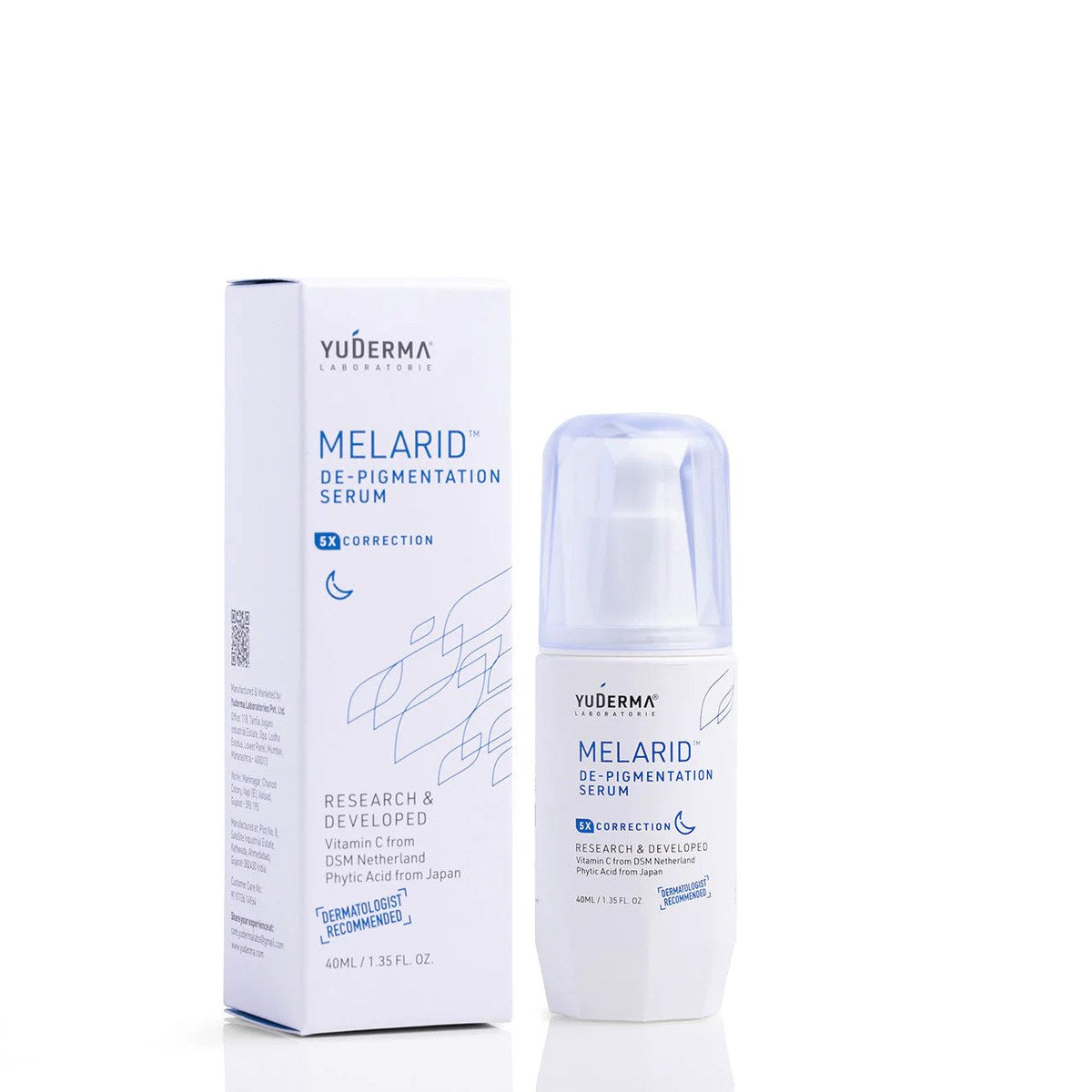 Allodermis Yuderma Melarid De-Pigmenting Serum bottle with dropper, skincare product for reducing pigmentation and evening skin tone