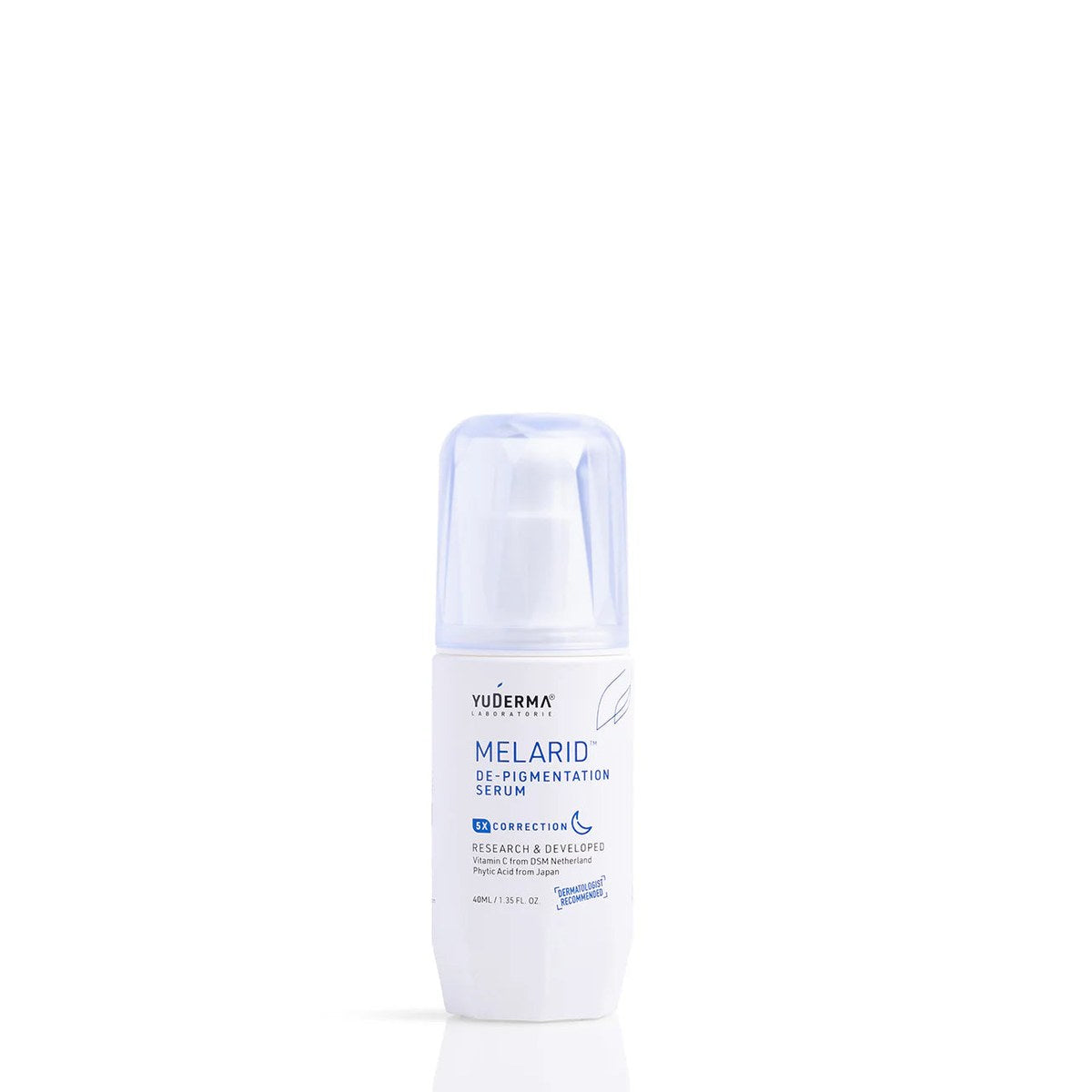 Allodermis Yuderma Melarid De-Pigmenting Serum bottle with dropper, designed to reduce dark spots and even skin tone.