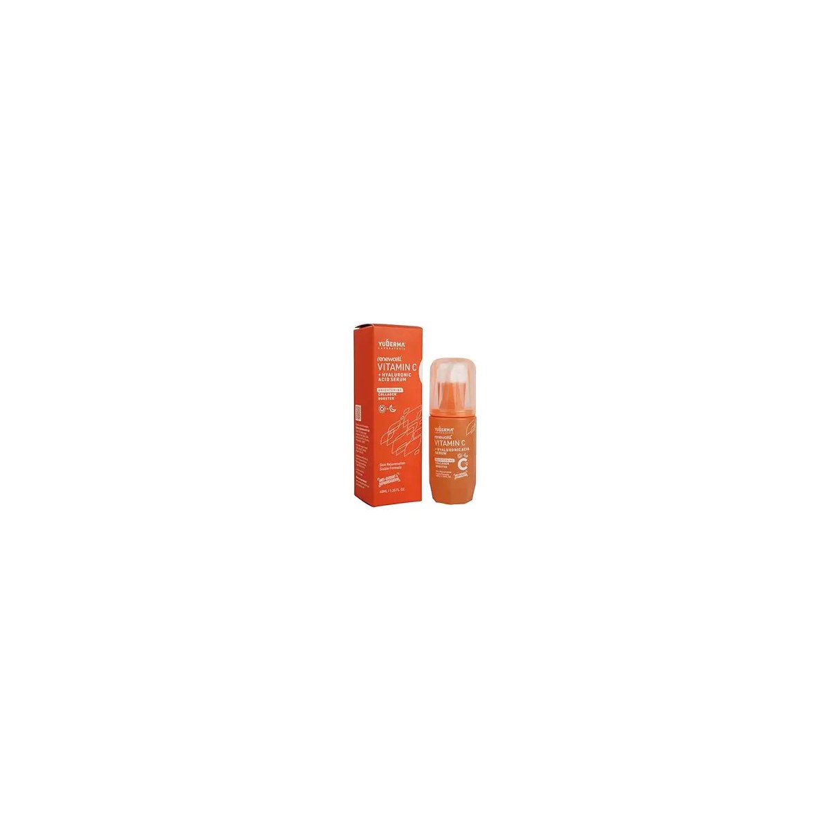 Lyra Laboratories Yuderma Renewcell Vitamin C Serum bottle with dropper, showcasing bright packaging and serum inside.