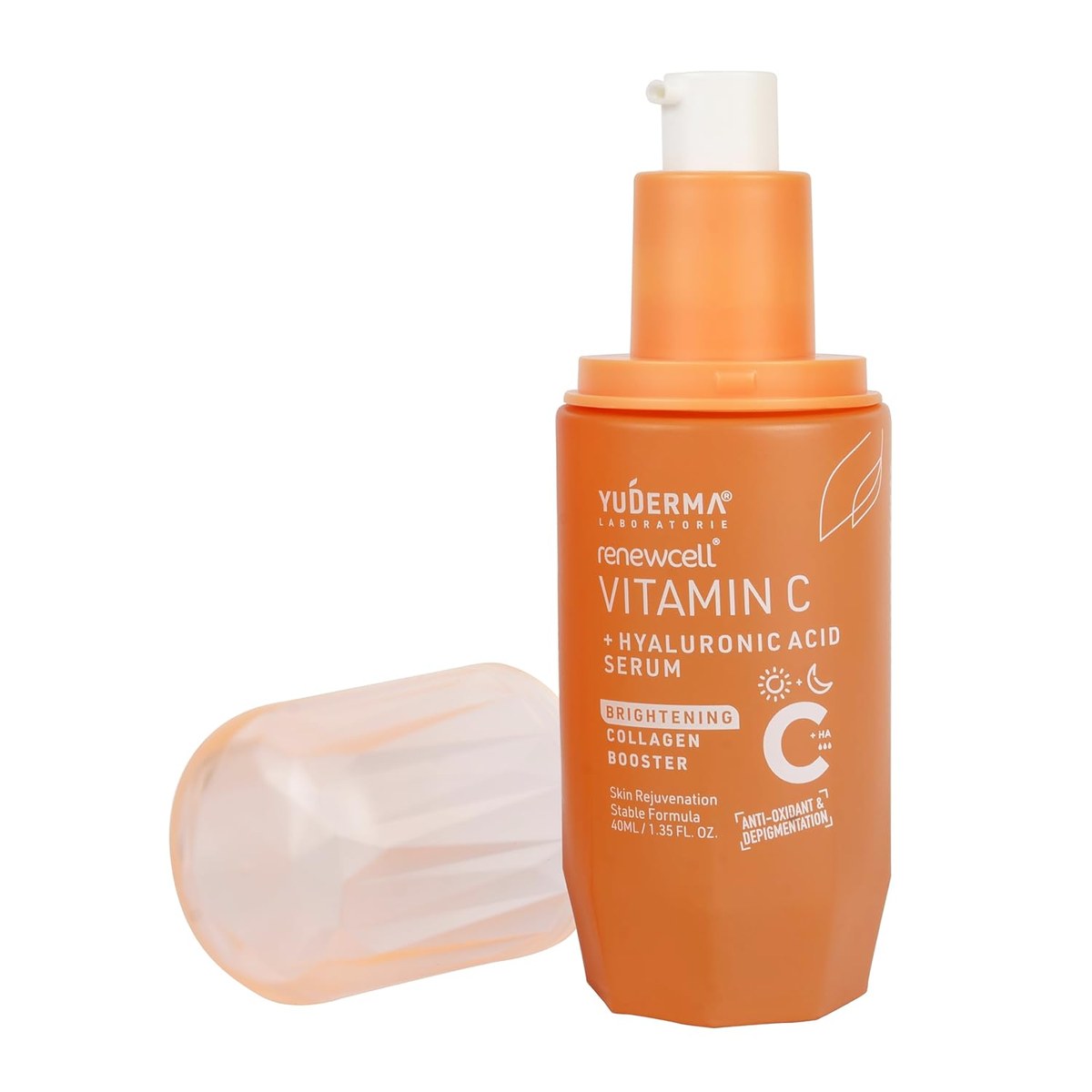 Lyra Laboratories Yuderma Renewcell Vitamin C Serum in a clear glass bottle with dropper for brightening skin.