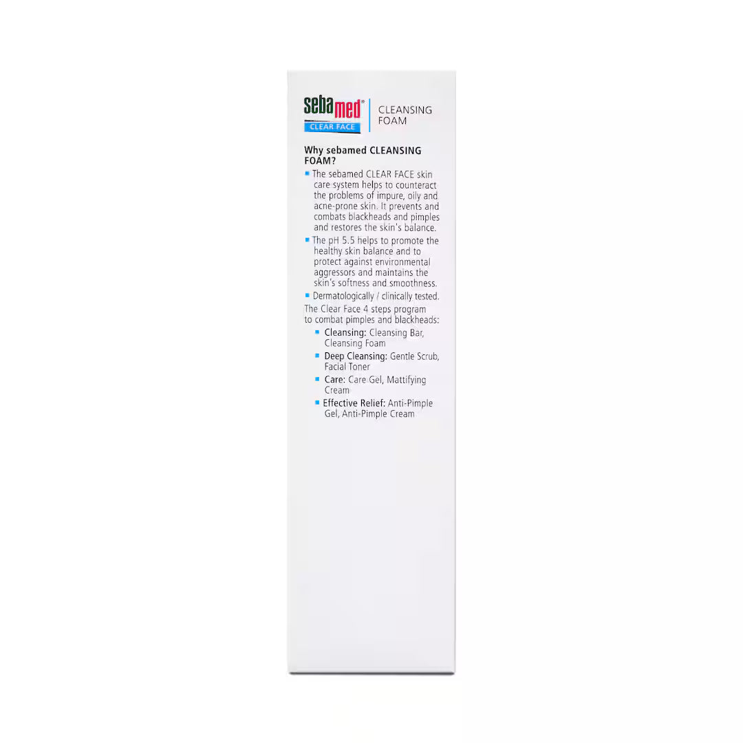 Sebamed Clear Face Cleansing Foam Wash for acne-prone, oily skin, showing the foam texture in a clear bottle.